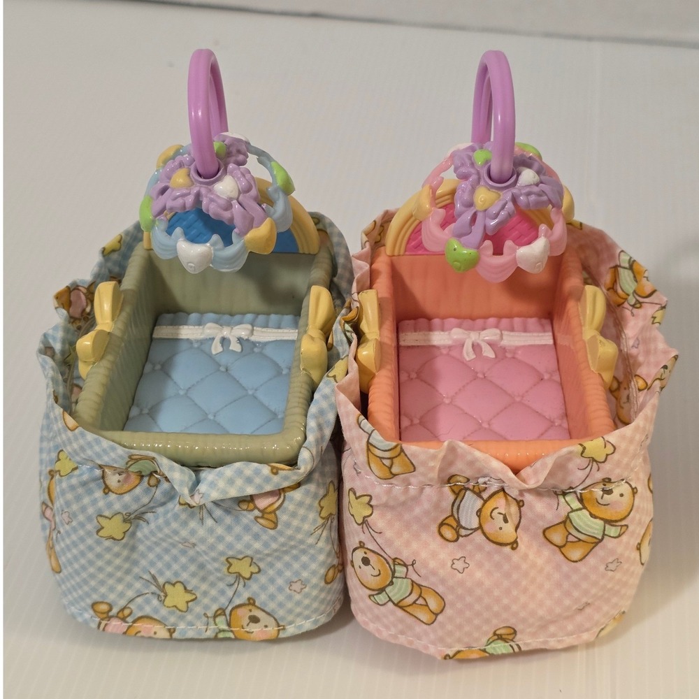 Fisher-Price Loving Family Bassinets Set 2 Small Pink Blue Good 2007 Mattel